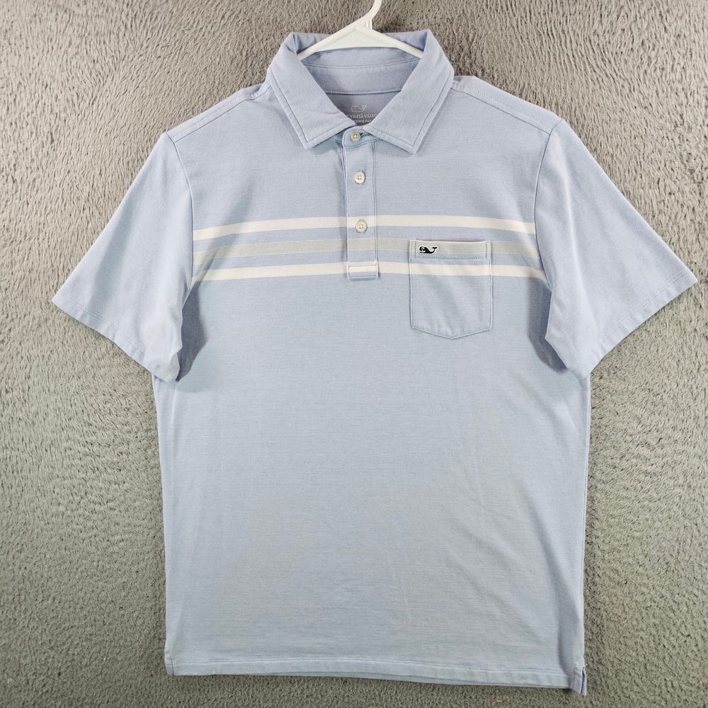Vineyard Vines Kids Edgartown‎ Polo Shirt Light Blue Striped XL 18 Pocket Whale